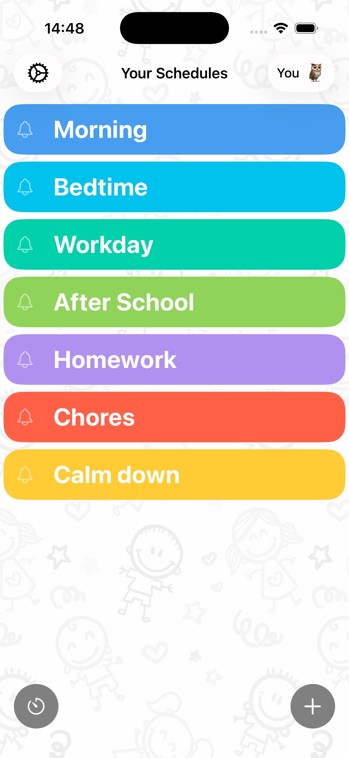 Color-coded weekly overview of a kids daily schedule