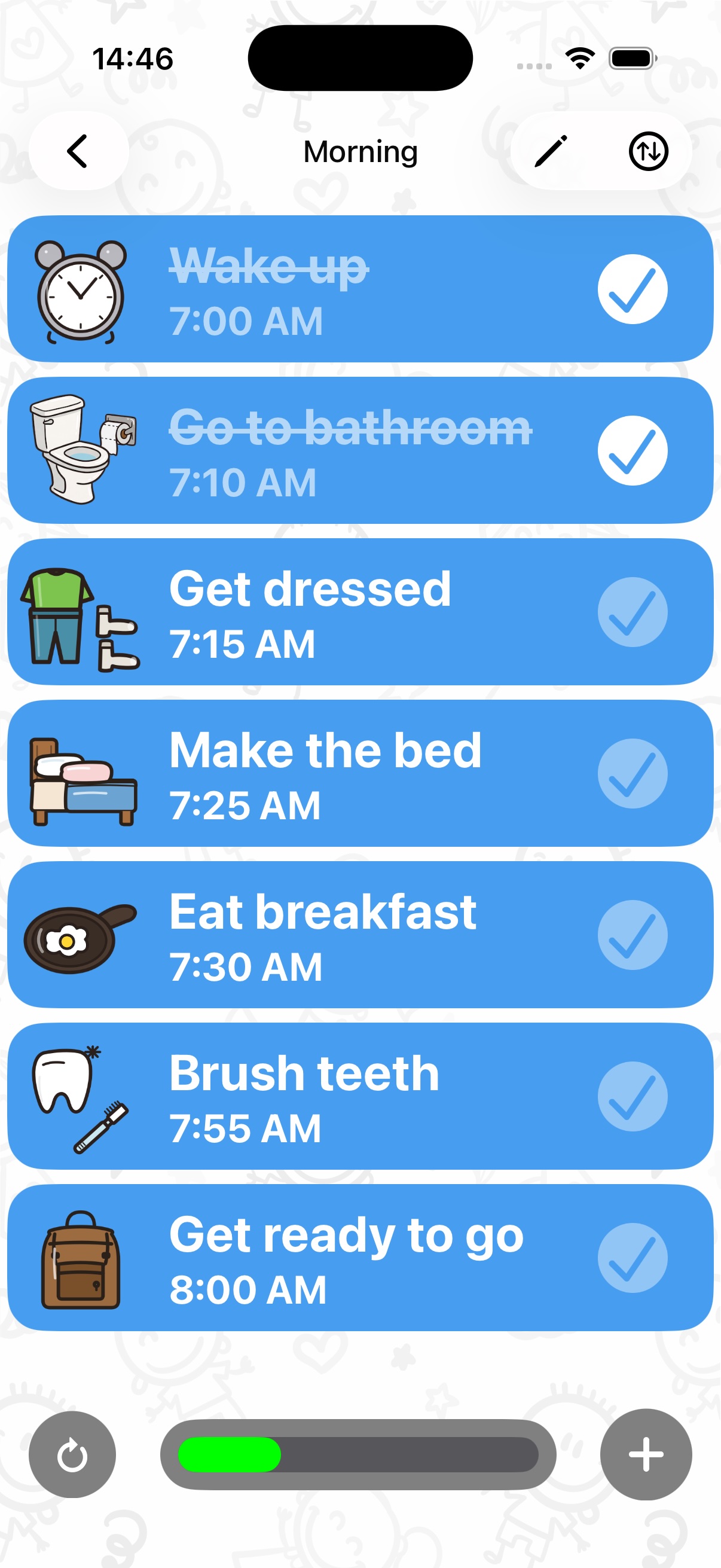 Visual Schedule app showing a kids daily routine with icon-based tasks and completion checkboxes